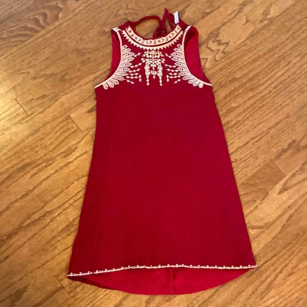 Alta dress, crochet around neck area in front and at bottom of dress, burgundy